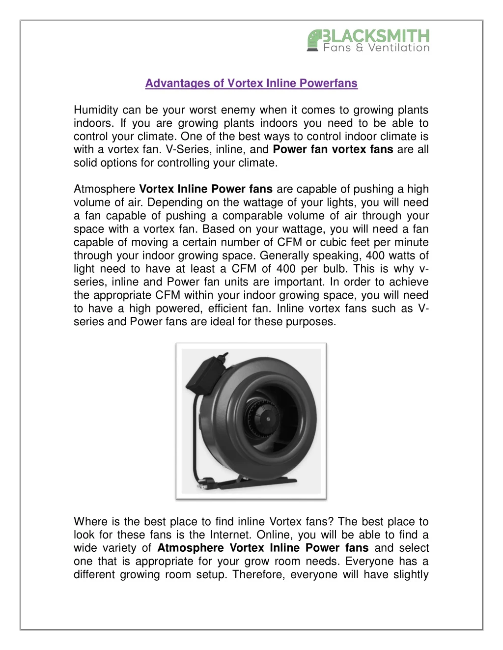advantages of vortex inline powerfans
