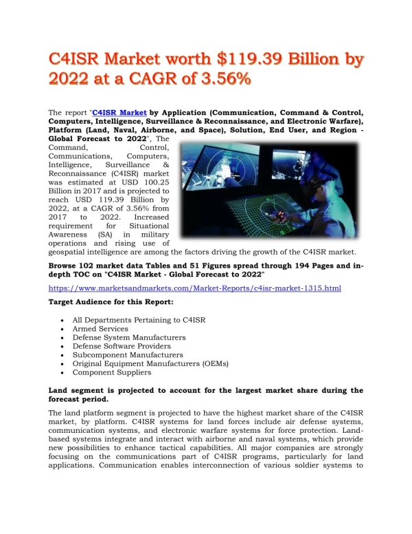 C4ISR Market worth $119.39 Billion by 2022 at a CAGR of 3.56%