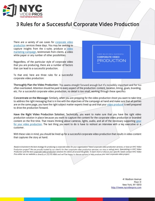 3 Rules for a Successful Corporate Video Production