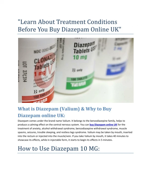 Learn About Treatment Conditions Before You Buy Diazepam Online UK