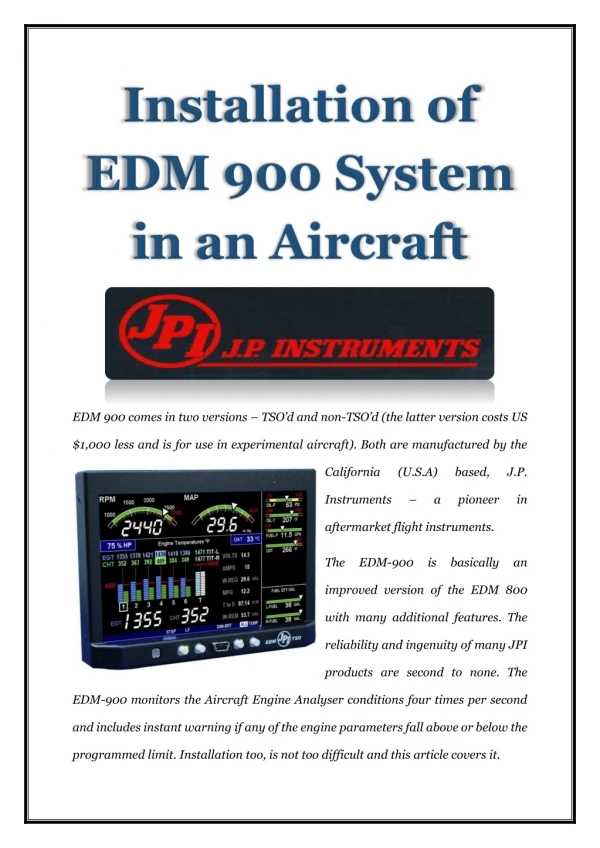 Installation of EDM 900 System in an Aircraft
