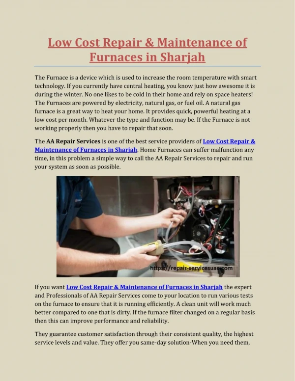 Low Cost Repair & Maintenance of Furnaces in Sharjah