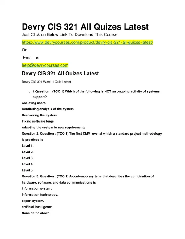 Devry CIS 321 All Quizes Latest