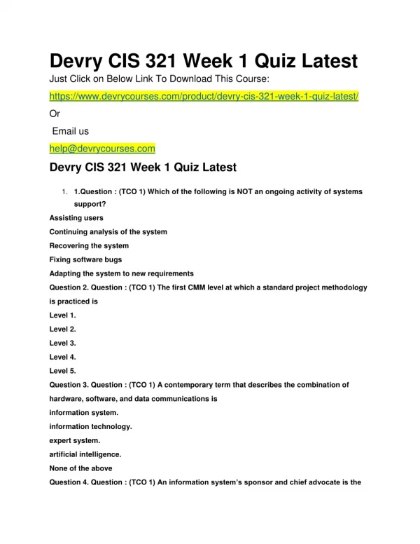 Devry CIS 321 Week 1 Quiz Latest