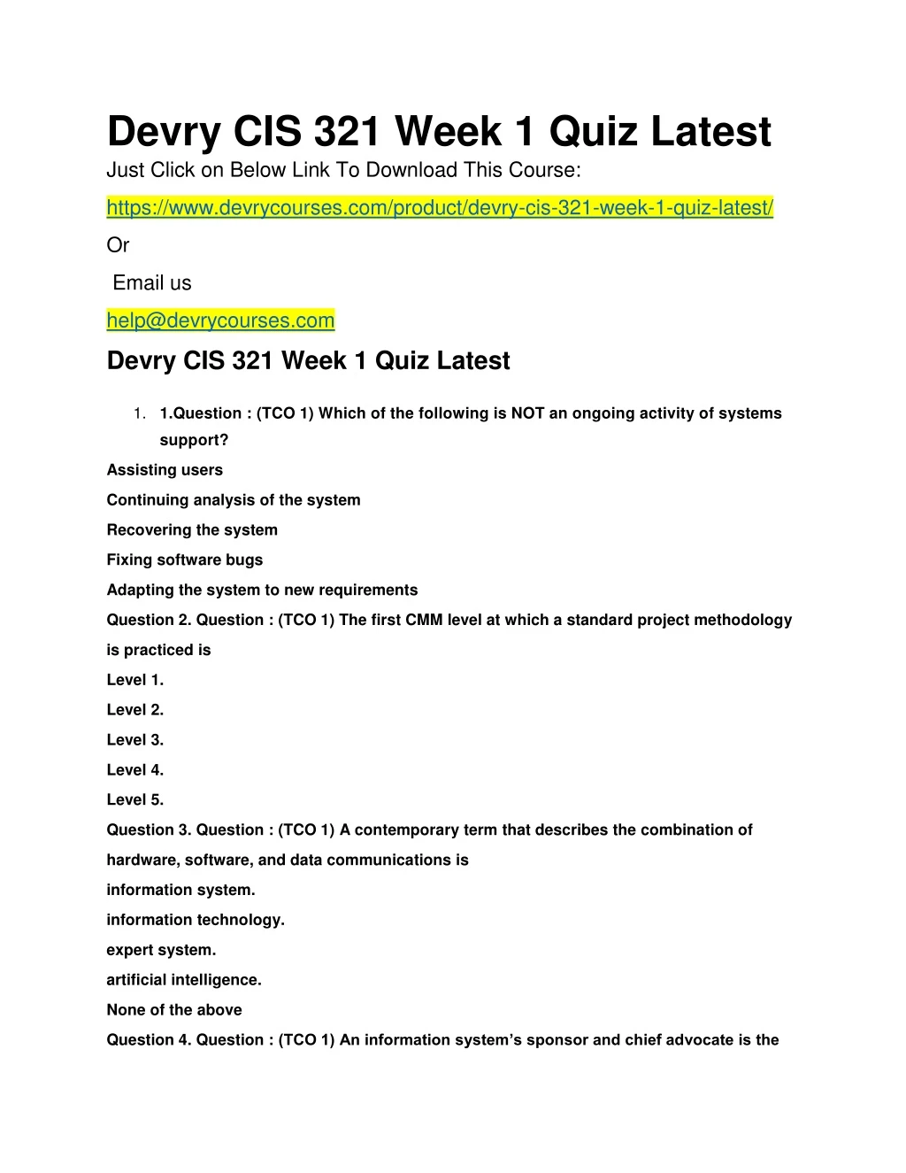 devry cis 321 week 1 quiz latest just click