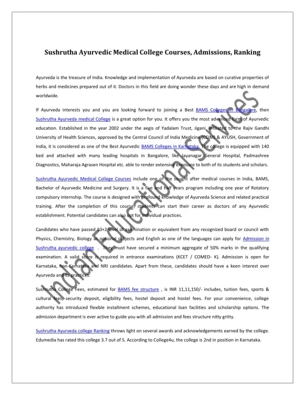 Sushrutha Ayurvedic Medical College Courses, Admissions, Ranking