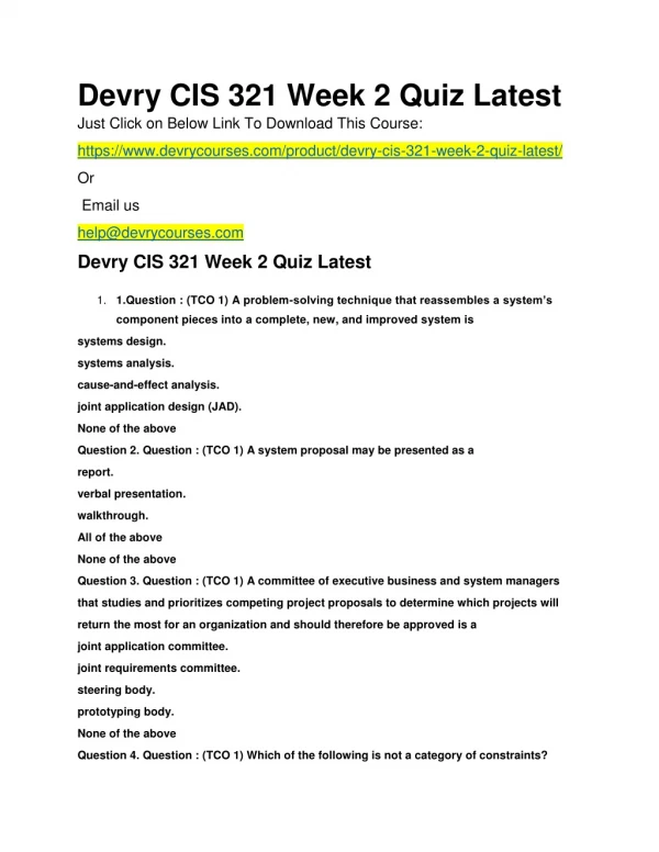 Devry CIS 321 Week 2 Quiz Latest