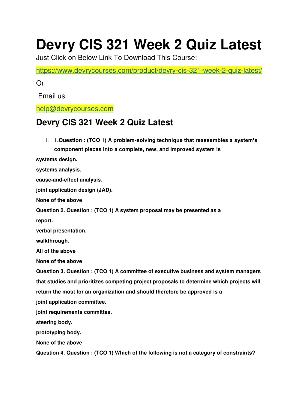 devry cis 321 week 2 quiz latest just click