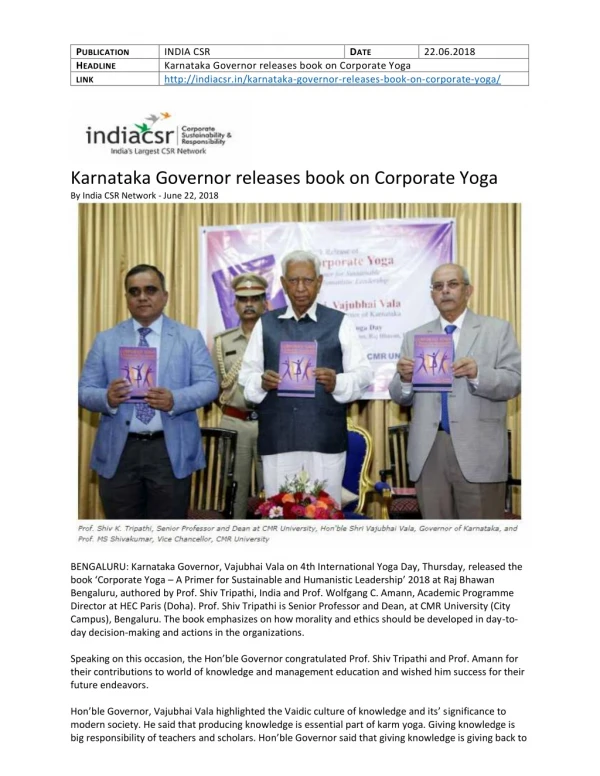 Karnataka Governor releases book on Corporate Yoga