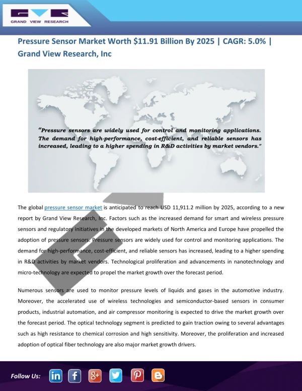 Pressure Sensor Market Is Predicted To Exceed $11.91 Billion By 2025