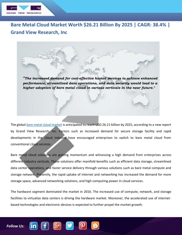Bare Metal Cloud Market Expected to Represent USD 26.21 Billion By 2025