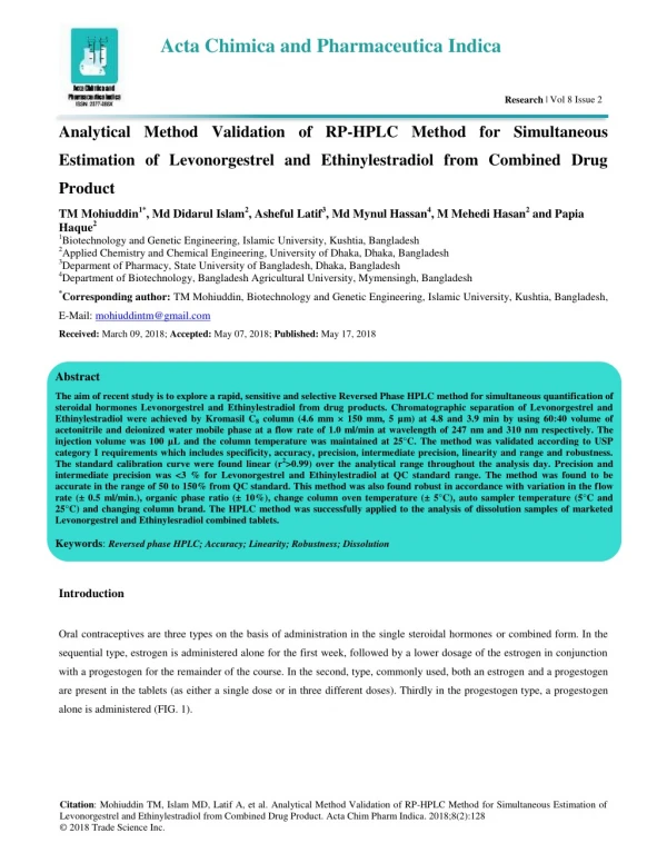 Analytical Method Validation of RP-HPLC Method for Simultaneous Estimation of Levonorgestrel