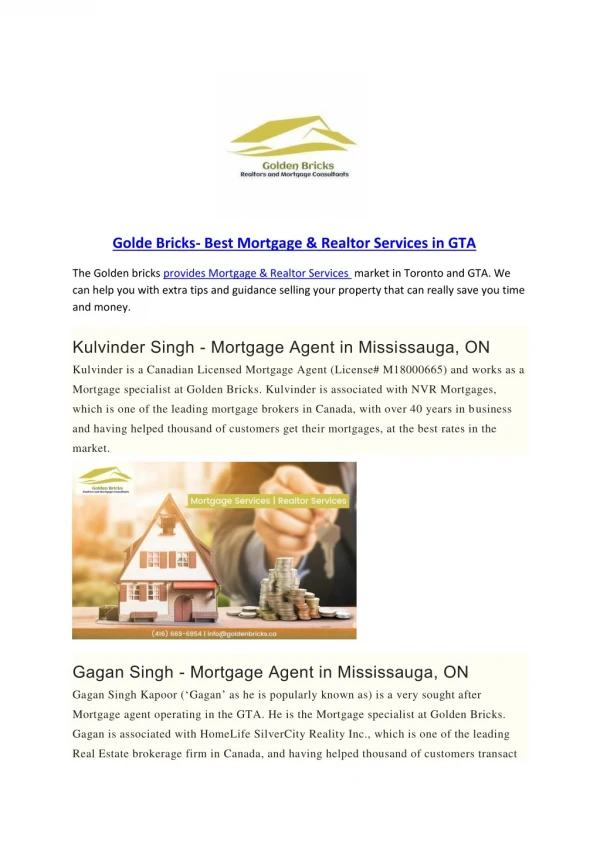 Golden Bricks- Best Mortgage & Realtor Services in GTA