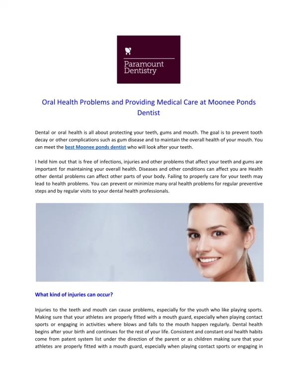 Oral Health Problems and Providing Medical Care at Moonee Ponds Dentist