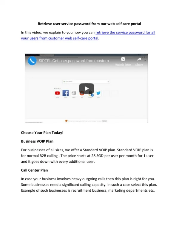Retrieve user service password from our web self care portal-SIPTEL