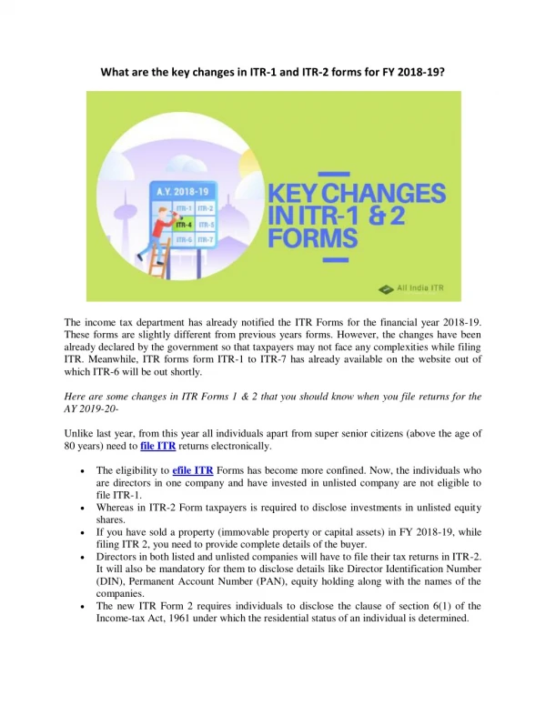 What are the key changes in ITR-1 and ITR-2 forms for FY 2018-19