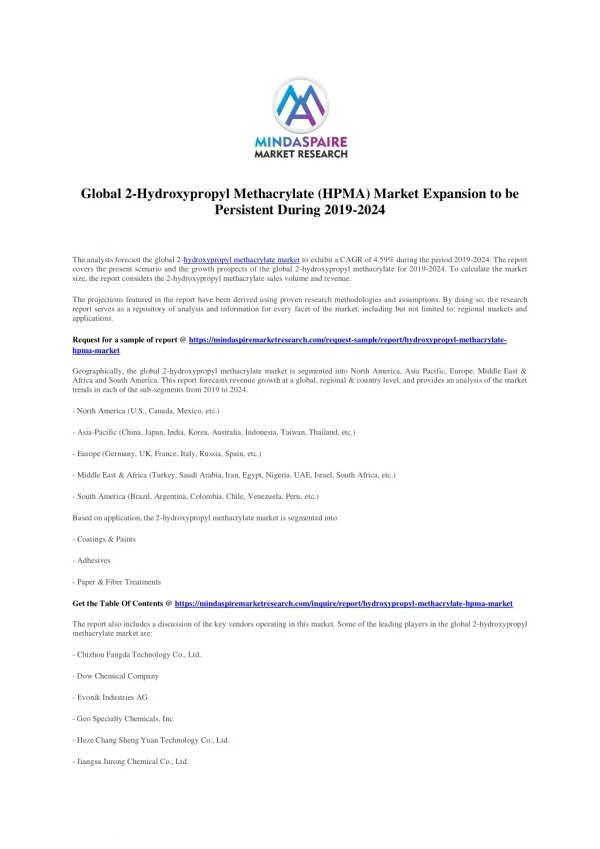 global 2 hydroxypropyl methacrylate hpma market