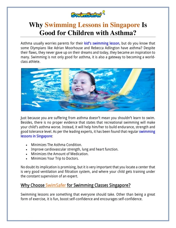 Why Swimming Lessons in Singapore is good for Children with Asthma?