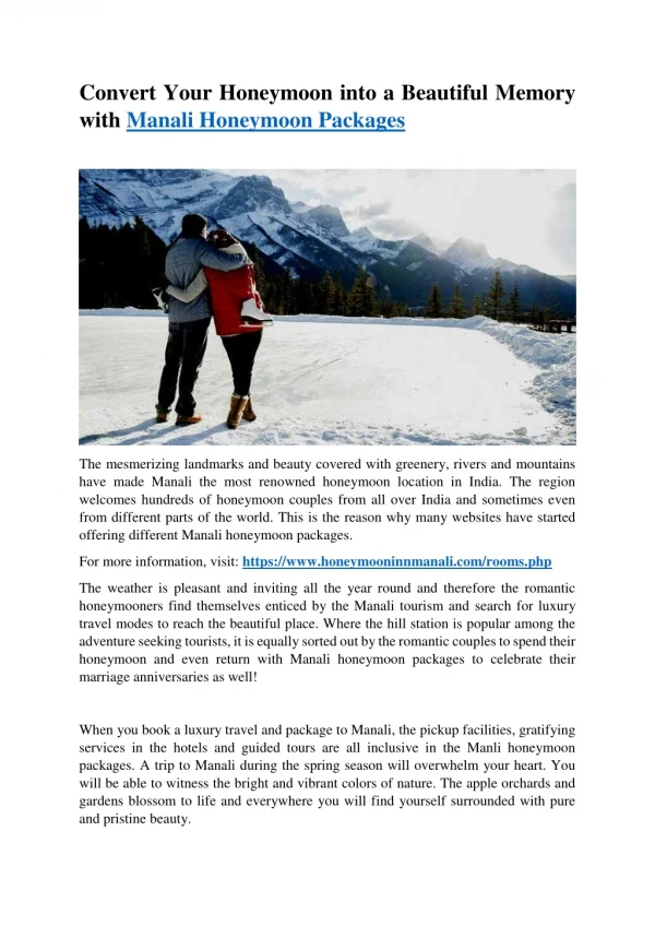 Convert Your Honeymoon Into a Beautiful Memory with Manali Honeymoon Packages