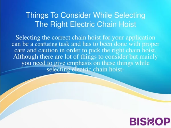 Things To Consider While Selecting The Right Electric Chain Hoist