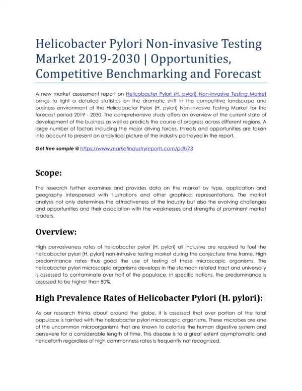 Helicobacter Pylori Non-invasive Testing Market 2019-2030 | Opportunities, Competitive Benchmarking and Forecast
