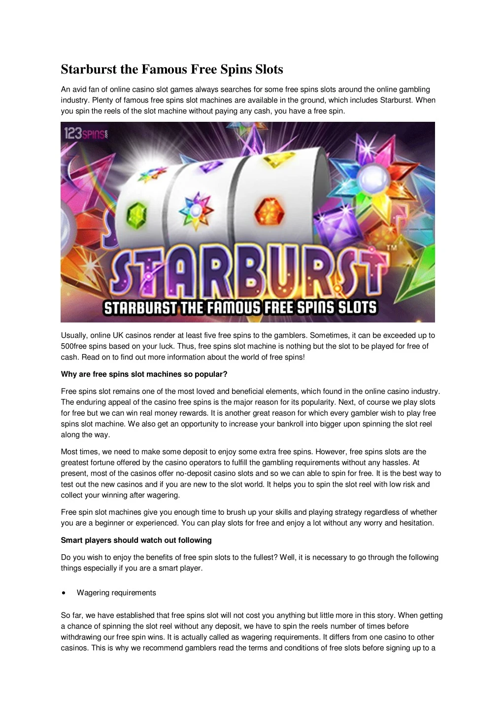 Starburst the Famous Free Spins Slots