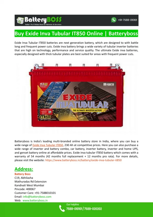 Buy Exide Inva Tubular IT850 Online-Batteryboss