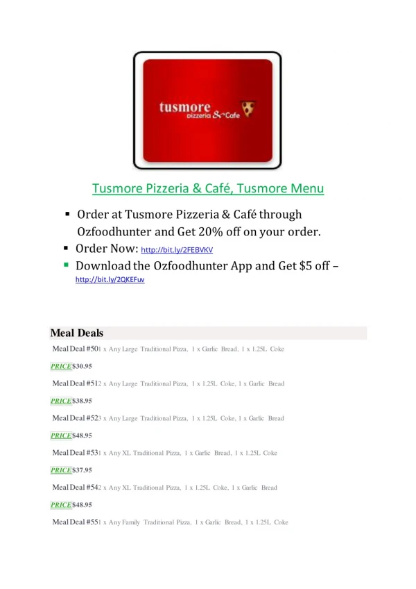 35% Off -Tusmore Pizzeria & Cafe-Tusmore - Order Food Online