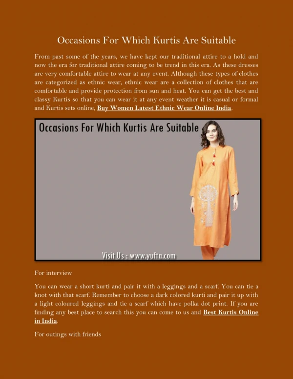 Occasions For Which Kurtis Are Suitable
