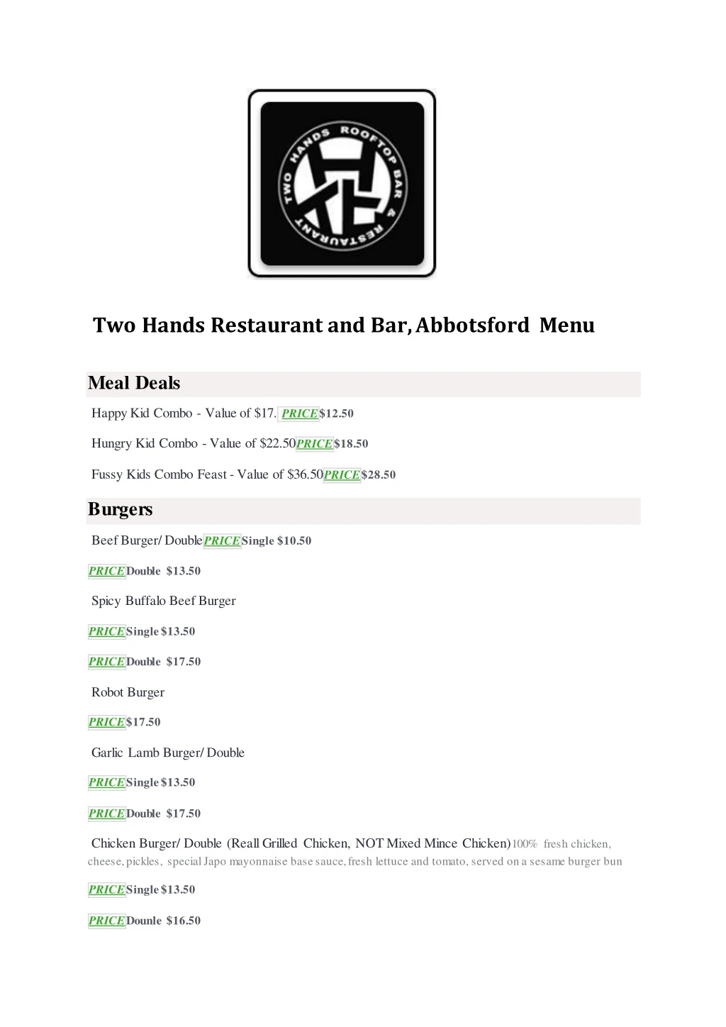 two hands restaurant and bar abbotsford menu meal