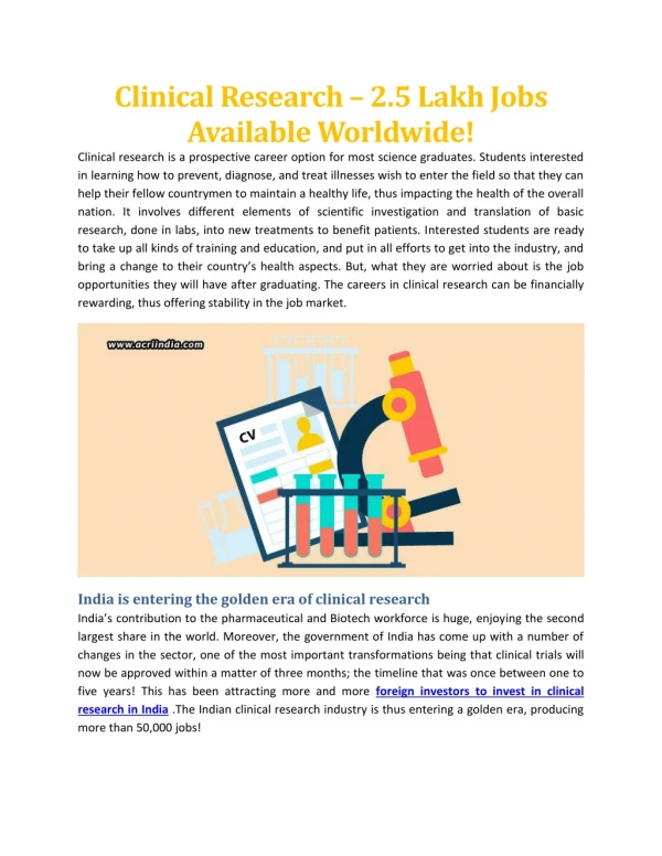 Clinical Research – 2.5 Lakh Jobs Available Worldwide - ACRI India