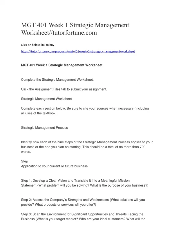 MGT 401 Week 1 Strategic Management Worksheet//tutorfortune.com