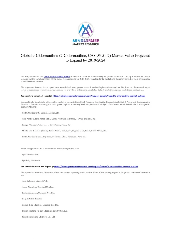 Global ?o-Chloroaniline (2-Chloroaniline, CAS 95-51-2) Market Value Projected to Expand by 2019-2024