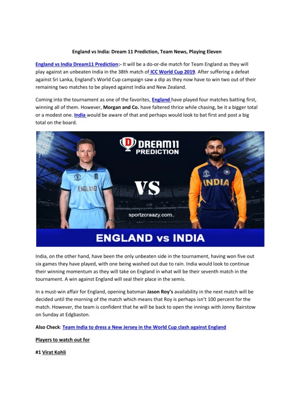 England vs India Dream11 Prediction