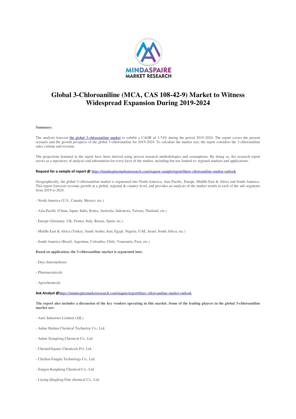 global 3 chloroaniline mca cas 108 42 9 market