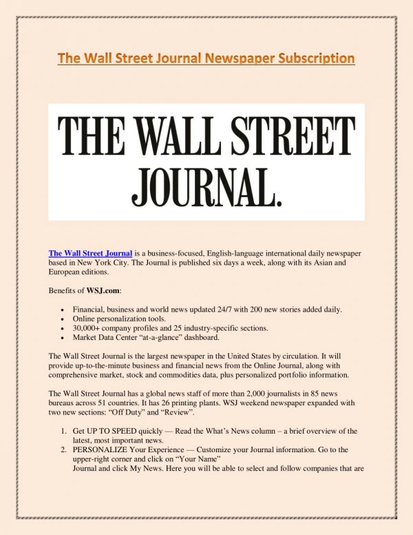 The Wall Street Journal Newspaper Subscription