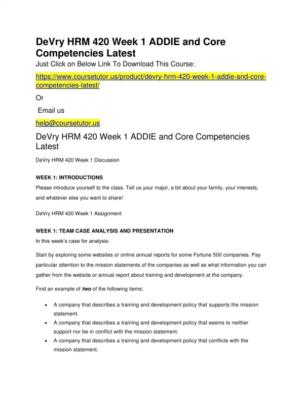 DeVry HRM 420 Week 1 ADDIE and Core Competencies Latest