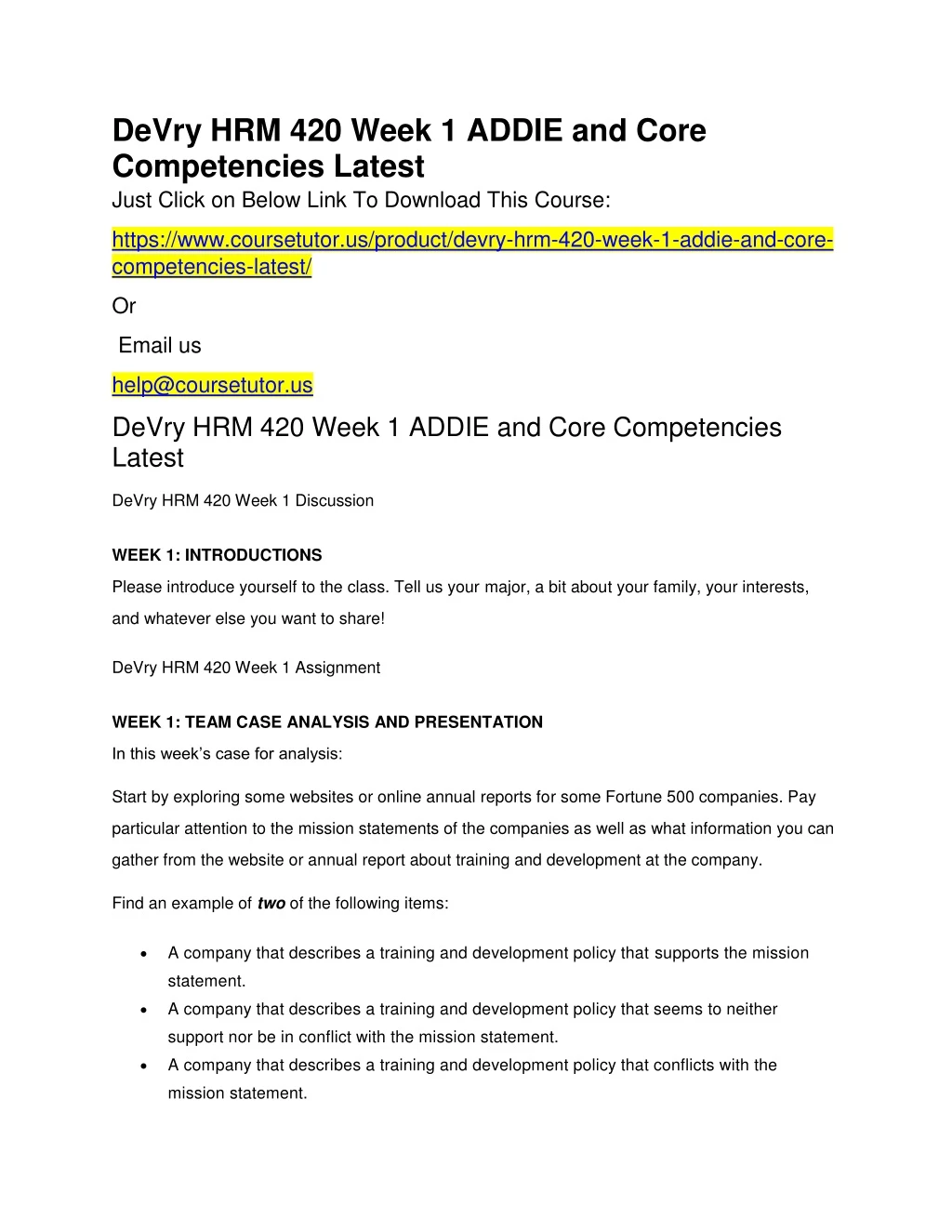 devry hrm 420 week 1 addie and core competencies