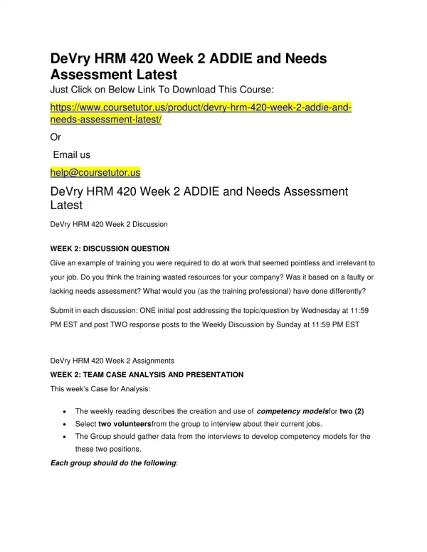 DeVry HRM 420 Week 2 ADDIE and Needs Assessment Latest