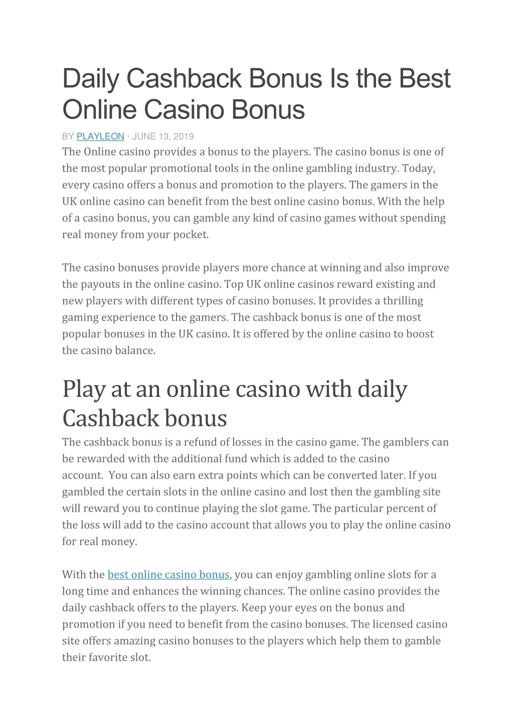daily cashback bonus is the best online casino