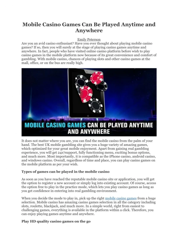 Mobile Casino Games Can Be Played Anytime and Anywhere