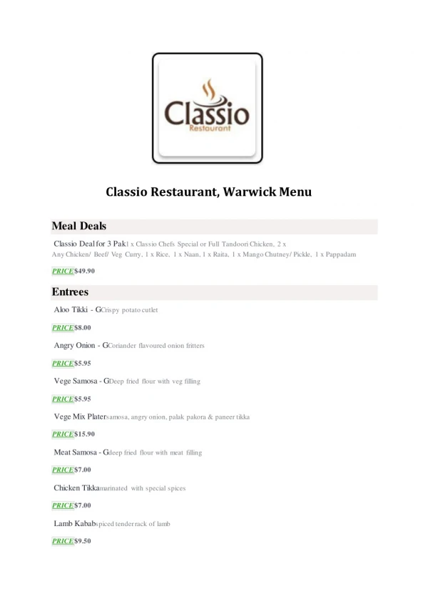 15% Off - Classio Restaurant-Warwick - Order Food Online