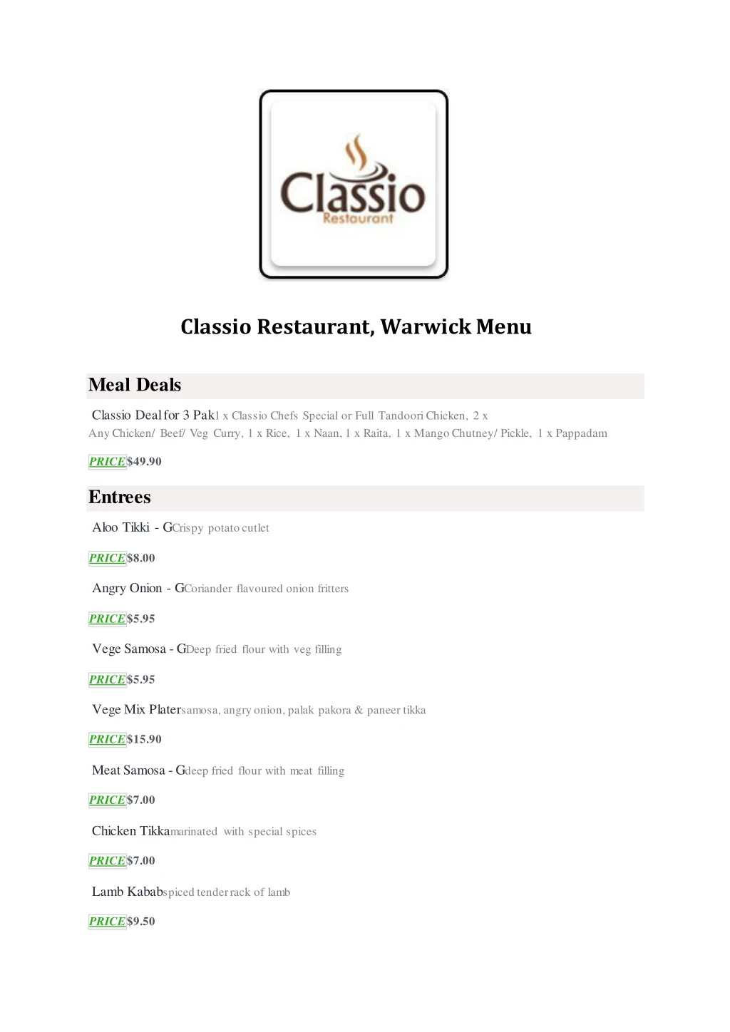 classio restaurant warwick menu meal deals
