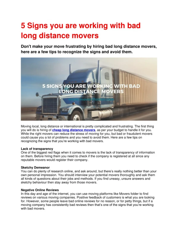 5 Signs you are working with bad long distance movers