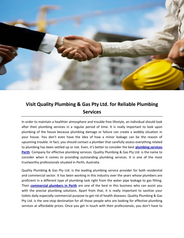 Visit Quality Plumbing & Gas Pty Ltd. for Reliable Plumbing Services