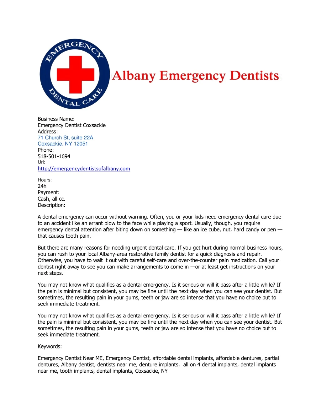business name emergency dentist coxsackie address