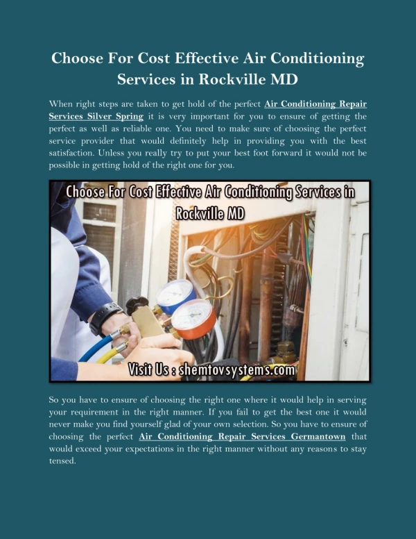 Choose For Cost Effective Air Conditioning Services in Rockville MD