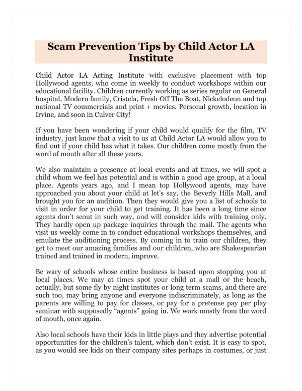 Scam Prevention Tips by Child Actor LA Institute