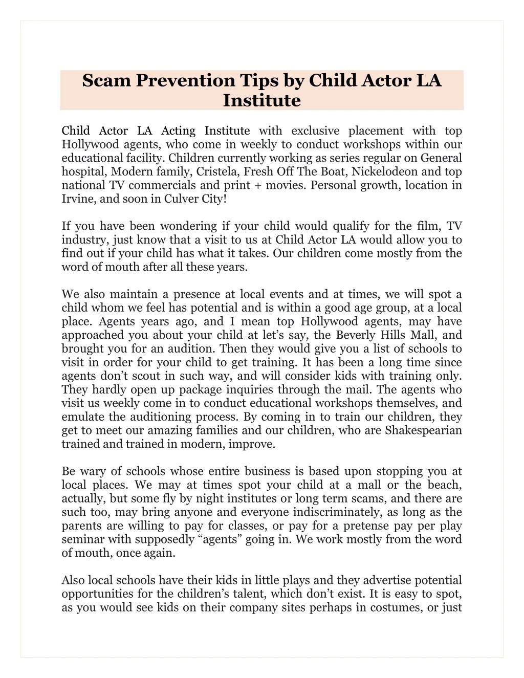 scam prevention tips by child actor la institute