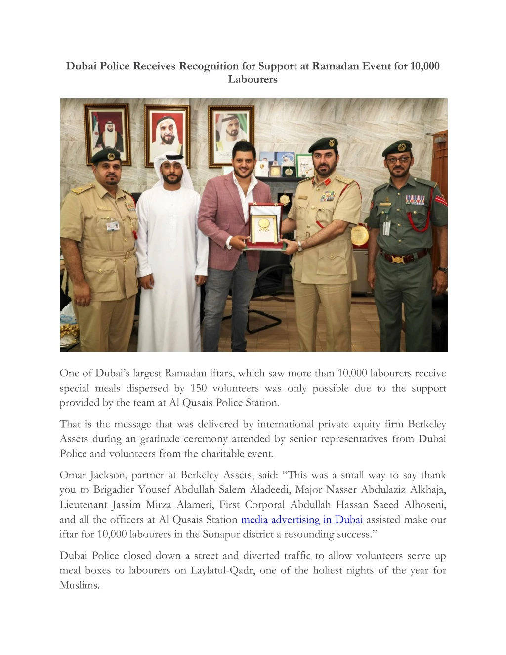 dubai police receives recognition for support